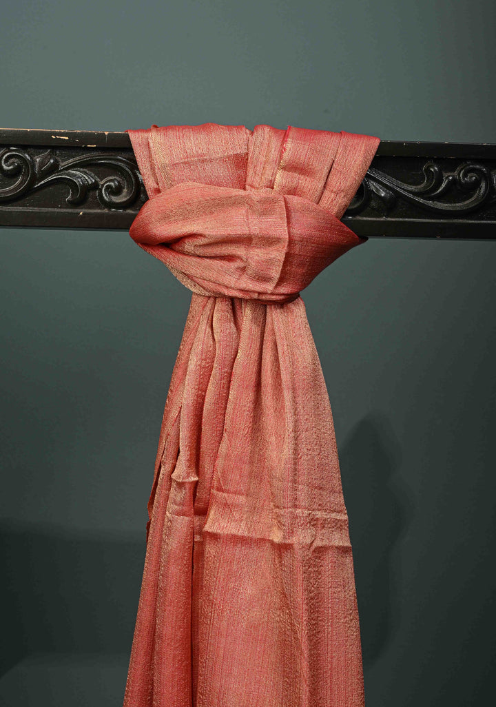 Peachy Red Banana Silk Stole with Hand-Woven Tussar Pannel and Tassels | SHOBITAM