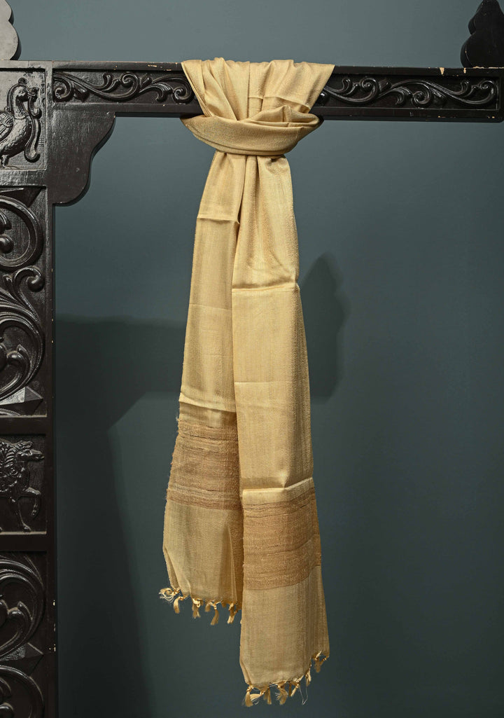 Tan Gold Banana Silk Stole with Hand-Woven Tussar Pannel and Tassels | SHOBITAM
