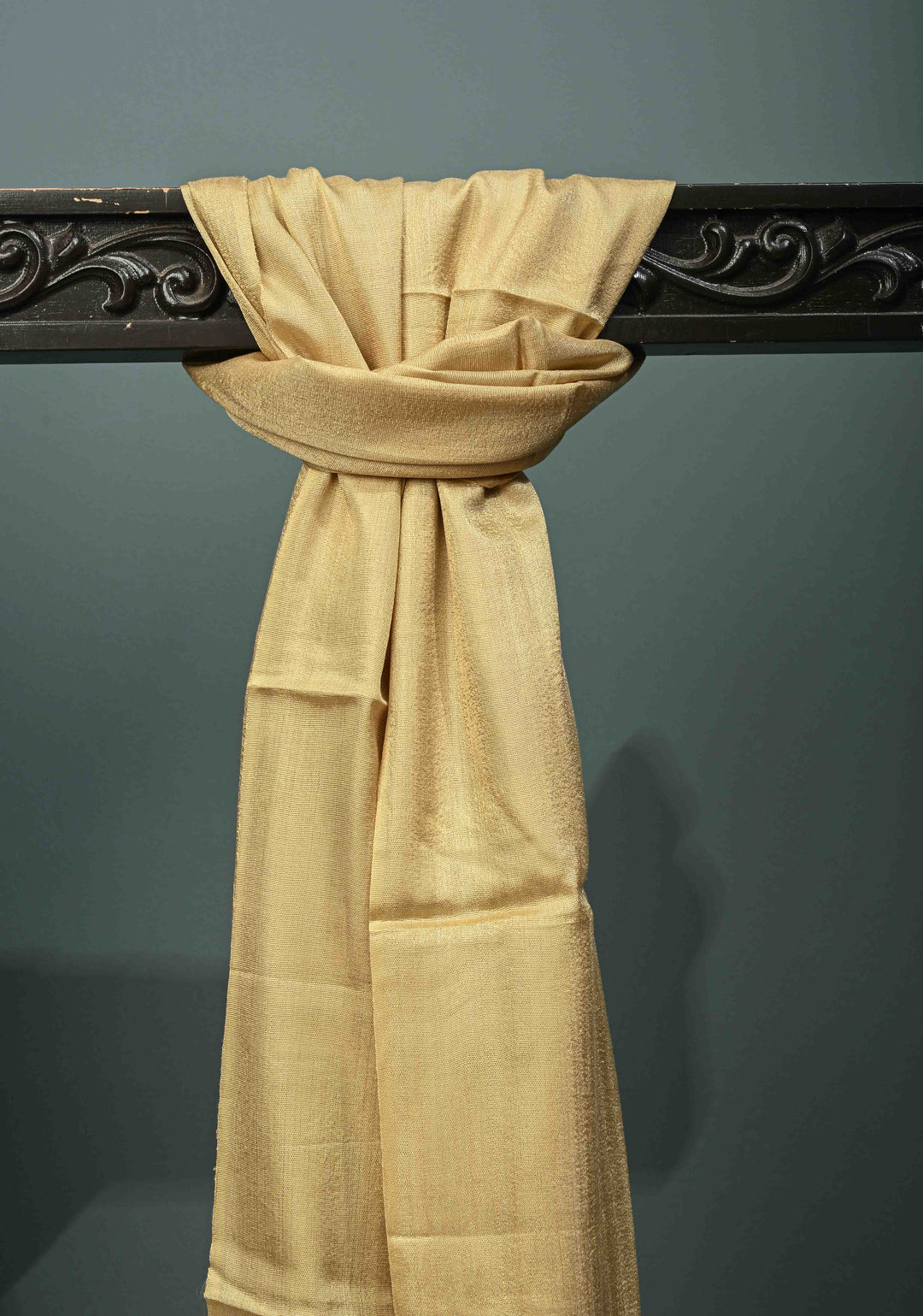 Tan Gold Banana Silk Stole with Hand-Woven Tussar Pannel and Tassels | SHOBITAM