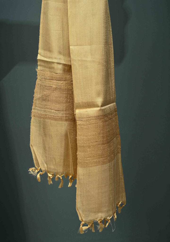 Tan Gold Banana Silk Stole with Hand-Woven Tussar Pannel and Tassels | SHOBITAM