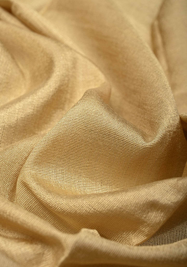 Tan Gold Banana Silk Stole with Hand-Woven Tussar Pannel and Tassels | SHOBITAM