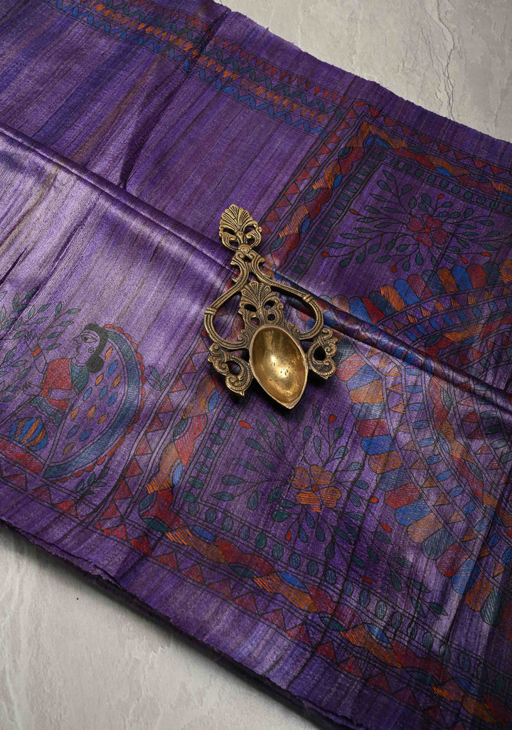 Purple Desi Tussar Madhubani Hand-Painted Saree  | SILK MARK CERTIFIED