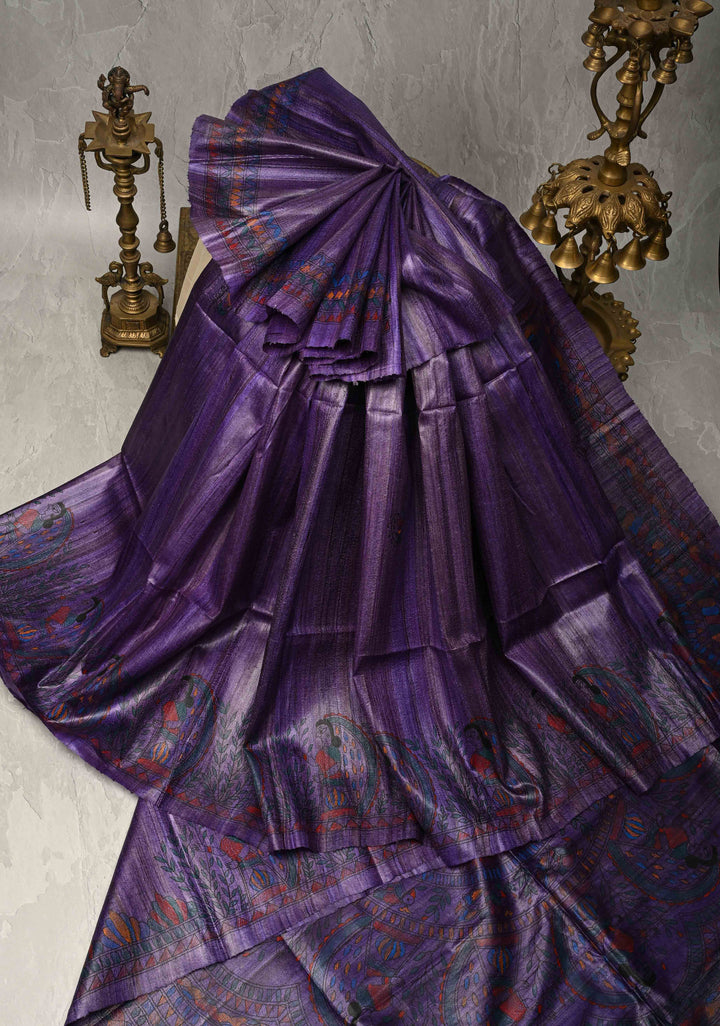 Brick Red Madhubani Hand Painted on Geecha Tussar Silk Saree With Contrast Muted Zari Border | SILK MARK CERTIFIED