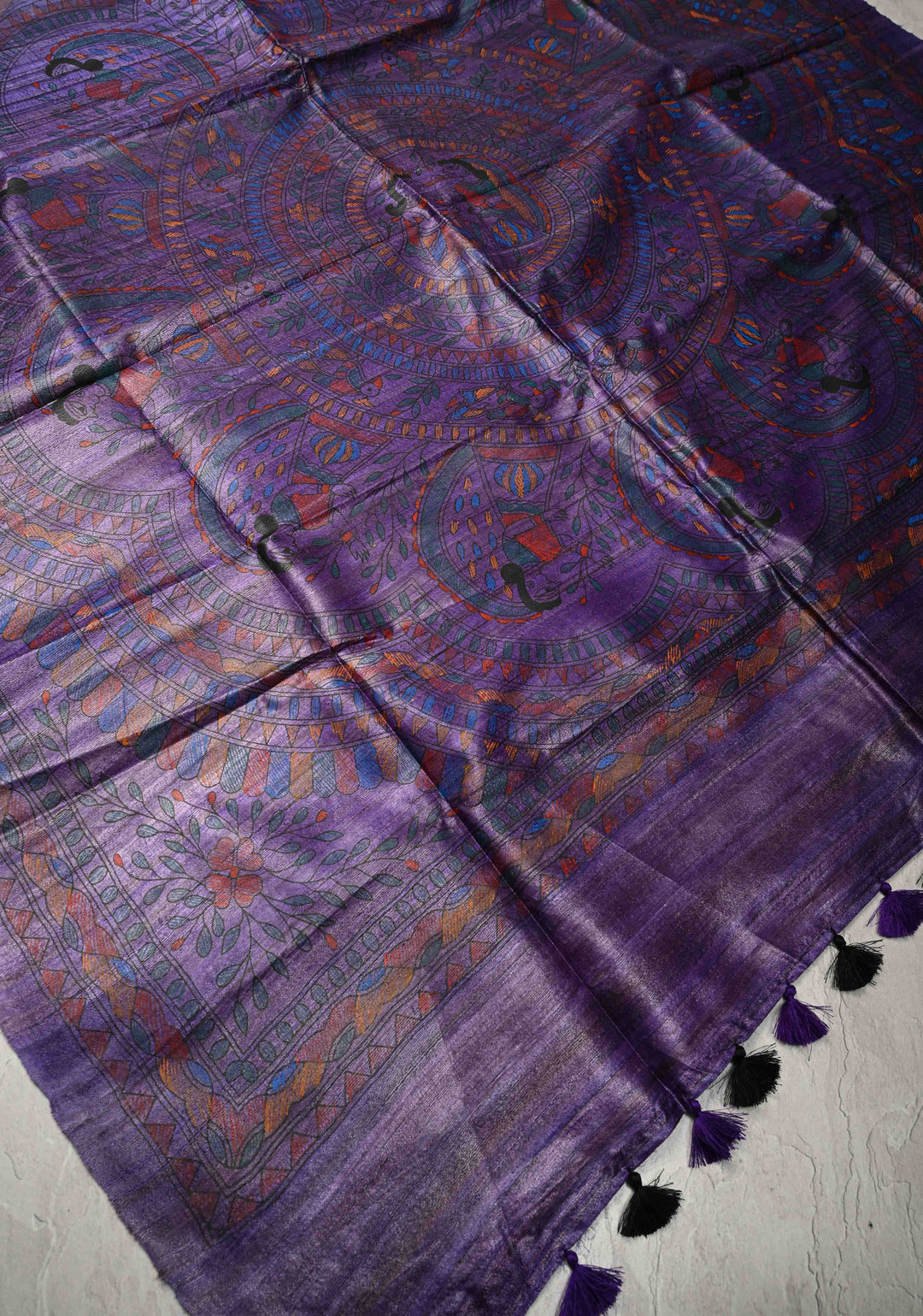 Brick Red Madhubani Hand Painted on Geecha Tussar Silk Saree With Contrast Muted Zari Border | SILK MARK CERTIFIED