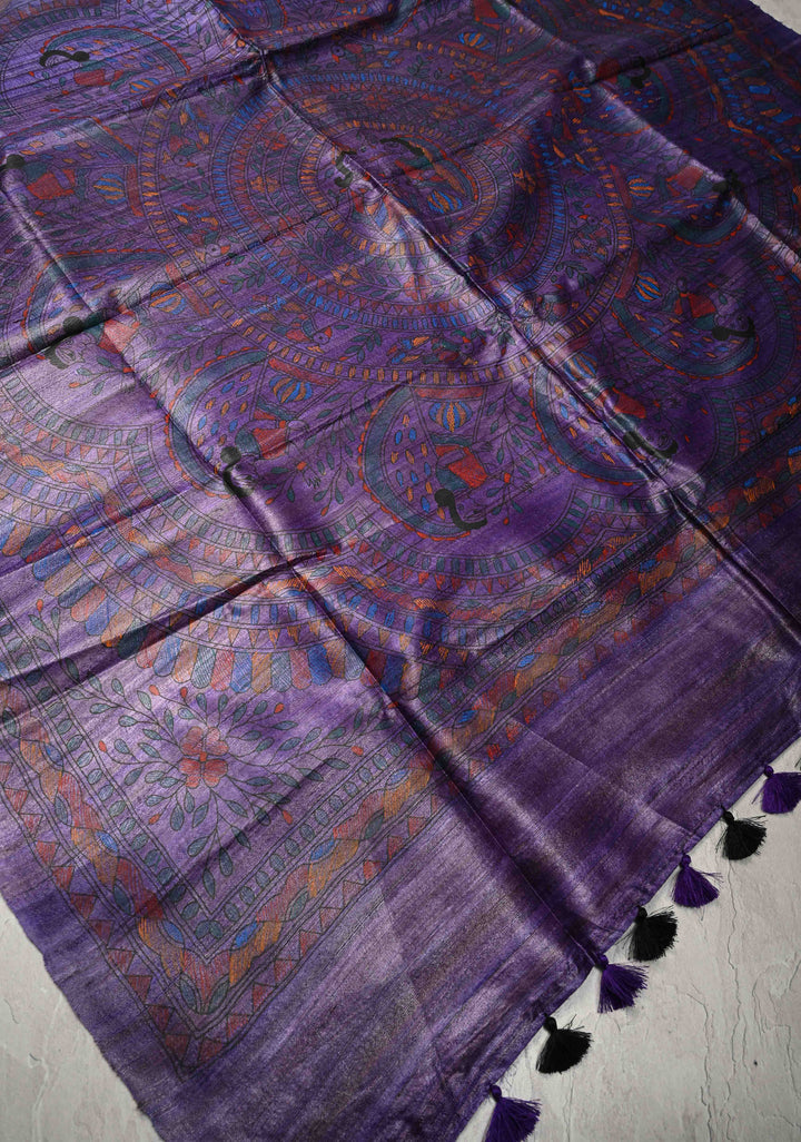 Purple Desi Tussar Madhubani Hand-Painted Saree  | SILK MARK CERTIFIED