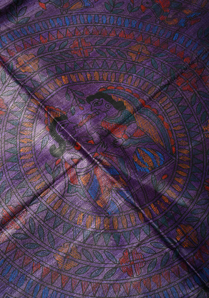 Purple Desi Tussar Madhubani Hand-Painted Saree  | SILK MARK CERTIFIED