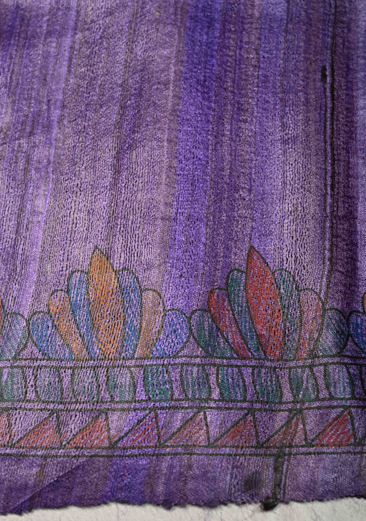 Brick Red Madhubani Hand Painted on Geecha Tussar Silk Saree With Contrast Muted Zari Border | SILK MARK CERTIFIED