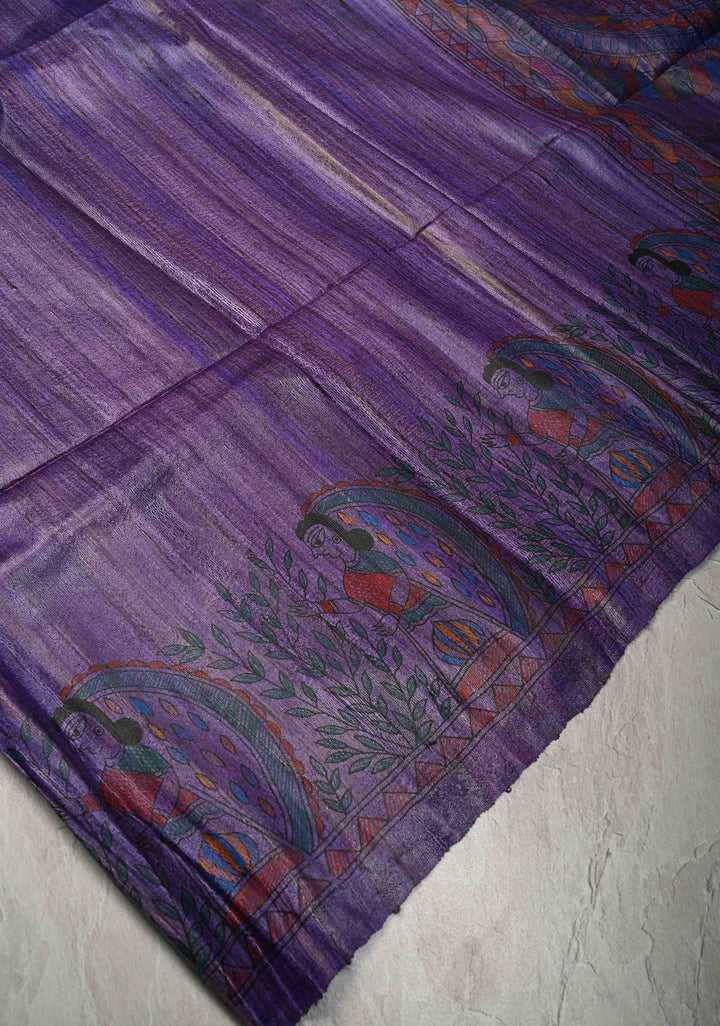 Purple Desi Tussar Madhubani Hand-Painted Saree  | SILK MARK CERTIFIED