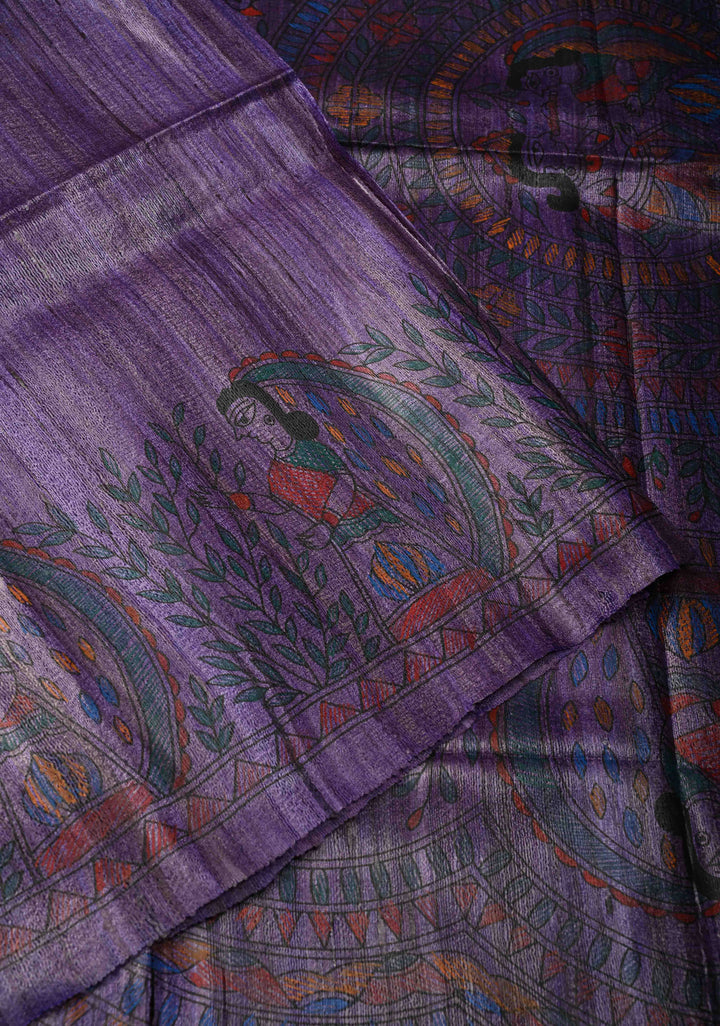 Purple Desi Tussar Madhubani Hand-Painted Saree  | SILK MARK CERTIFIED