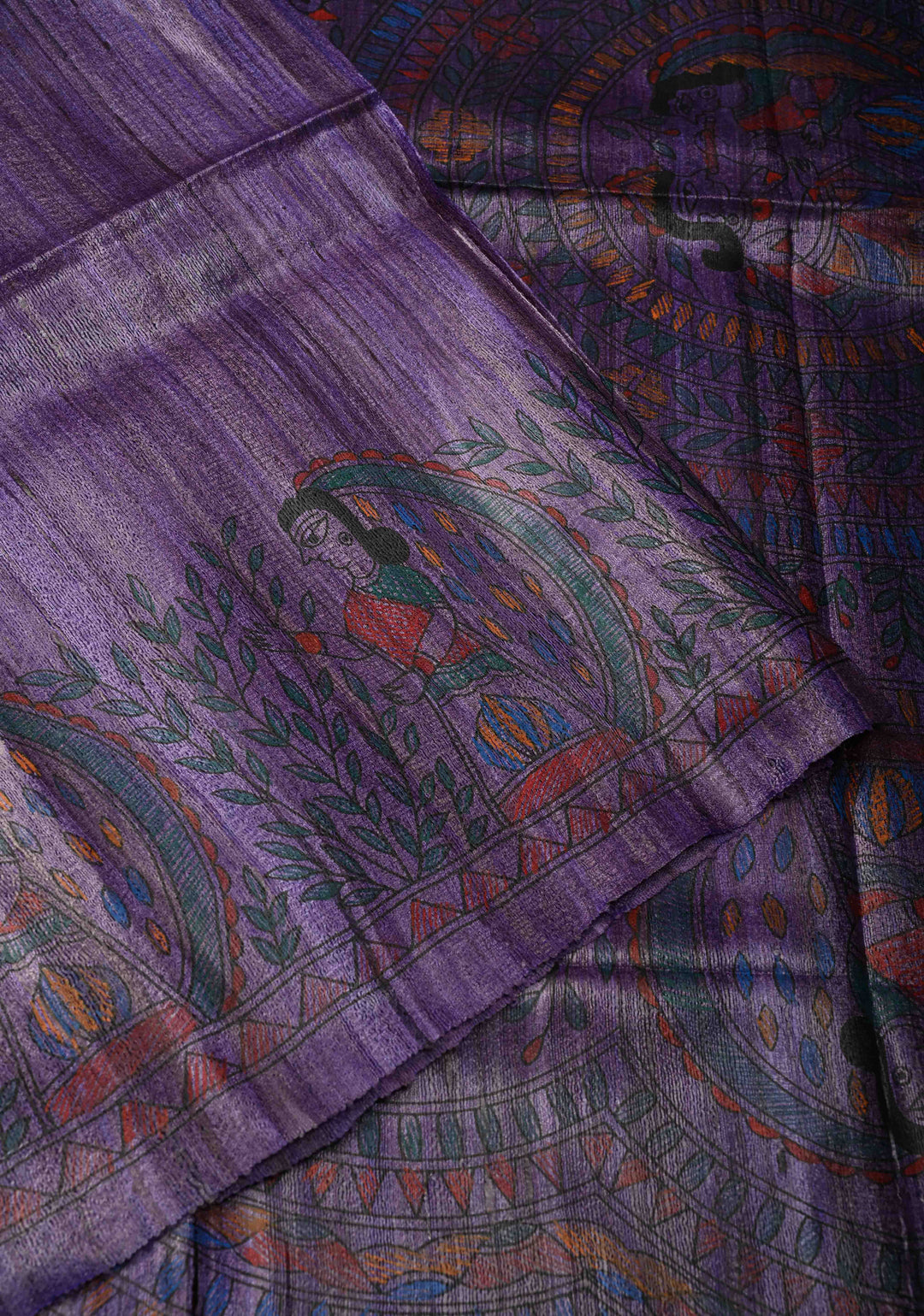 Brick Red Madhubani Hand Painted on Geecha Tussar Silk Saree With Contrast Muted Zari Border | SILK MARK CERTIFIED