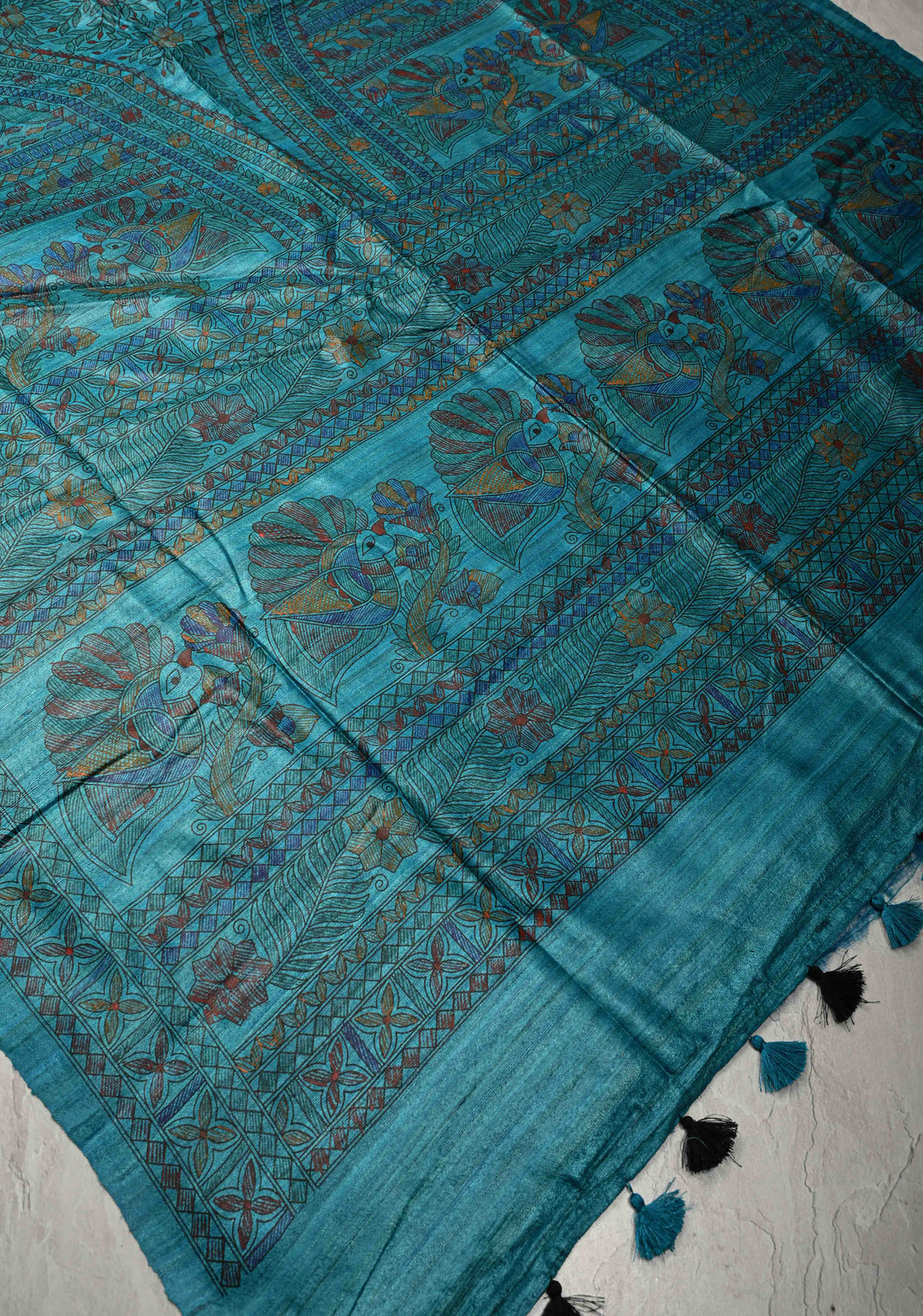 Teal Blue Madhubani hand painting on Geecha Tussar Silk Saree | SILK MARK CERTIFIED