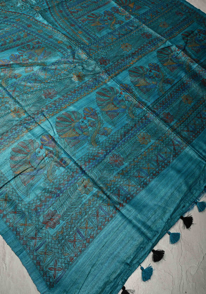 Teal Blue Madhubani hand painting on Geecha Tussar Silk Saree | SILK MARK CERTIFIED