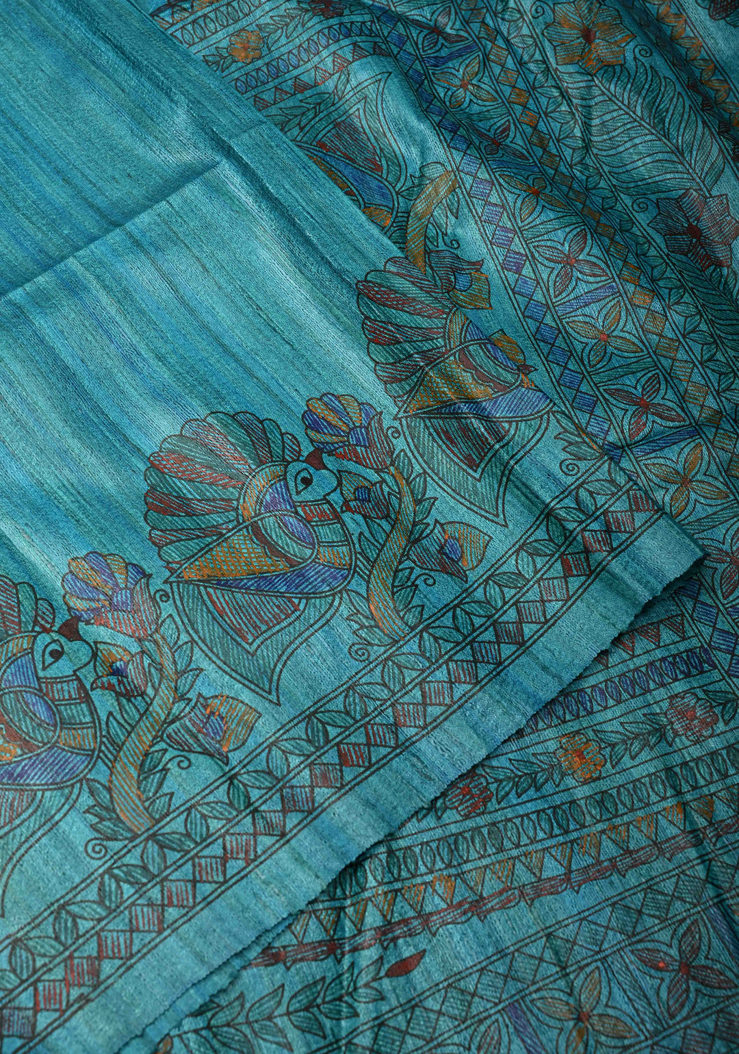Teal Blue Madhubani hand painting on Geecha Tussar Silk Saree | SILK MARK CERTIFIED
