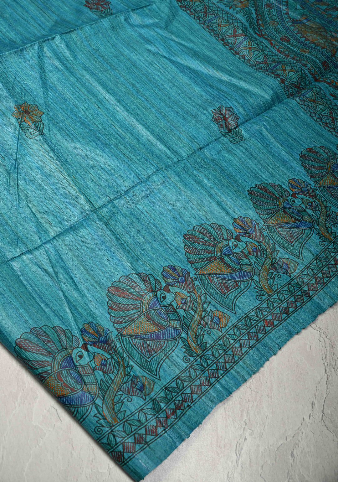 Teal Blue Madhubani hand painting on Geecha Tussar Silk Saree | SILK MARK CERTIFIED