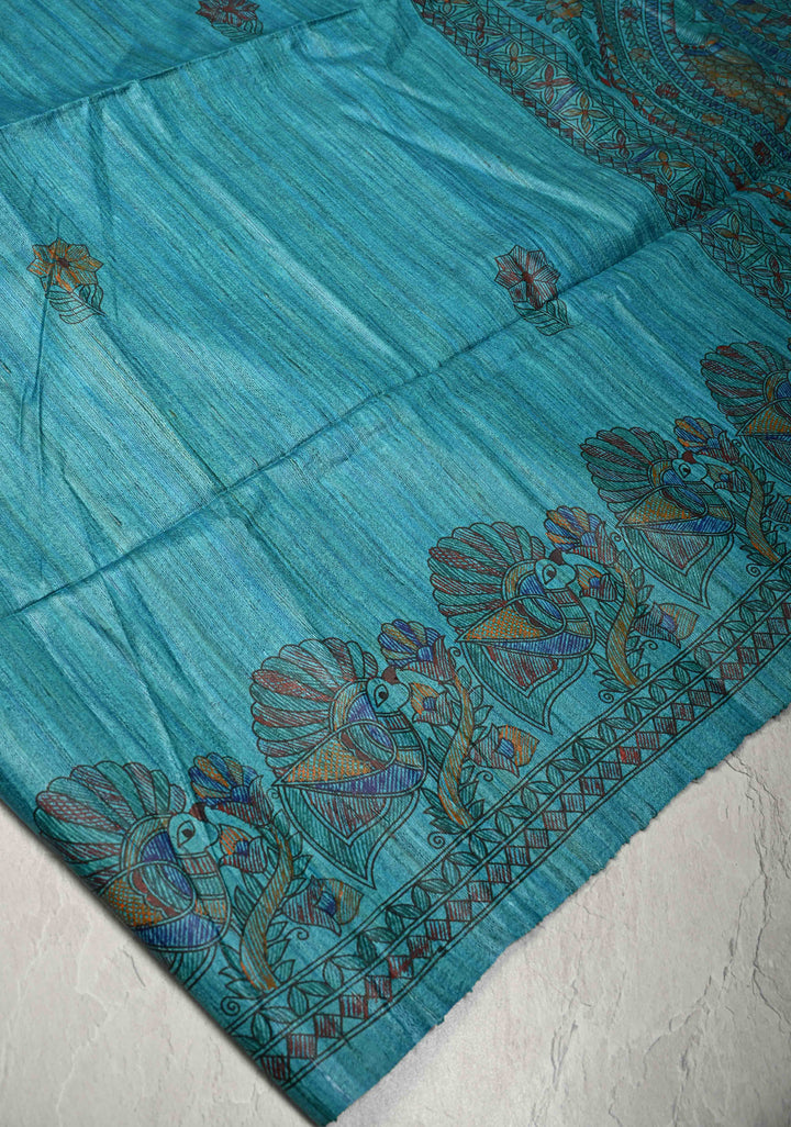 Teal Blue Madhubani hand painting on Geecha Tussar Silk Saree | SILK MARK CERTIFIED