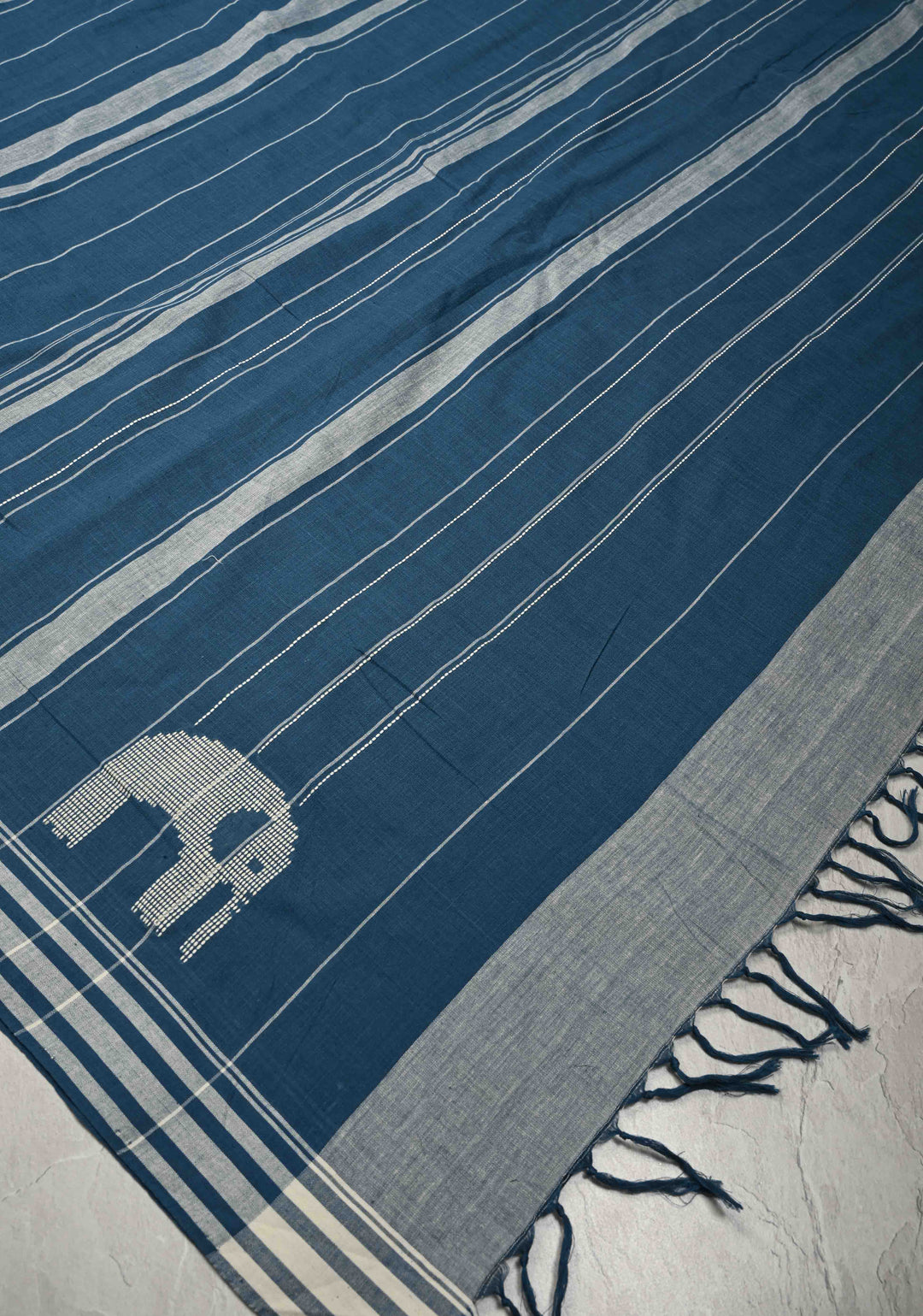 Indigo Bhujodi Kala Cotton Saree with Thread Elephant Motifs and Border