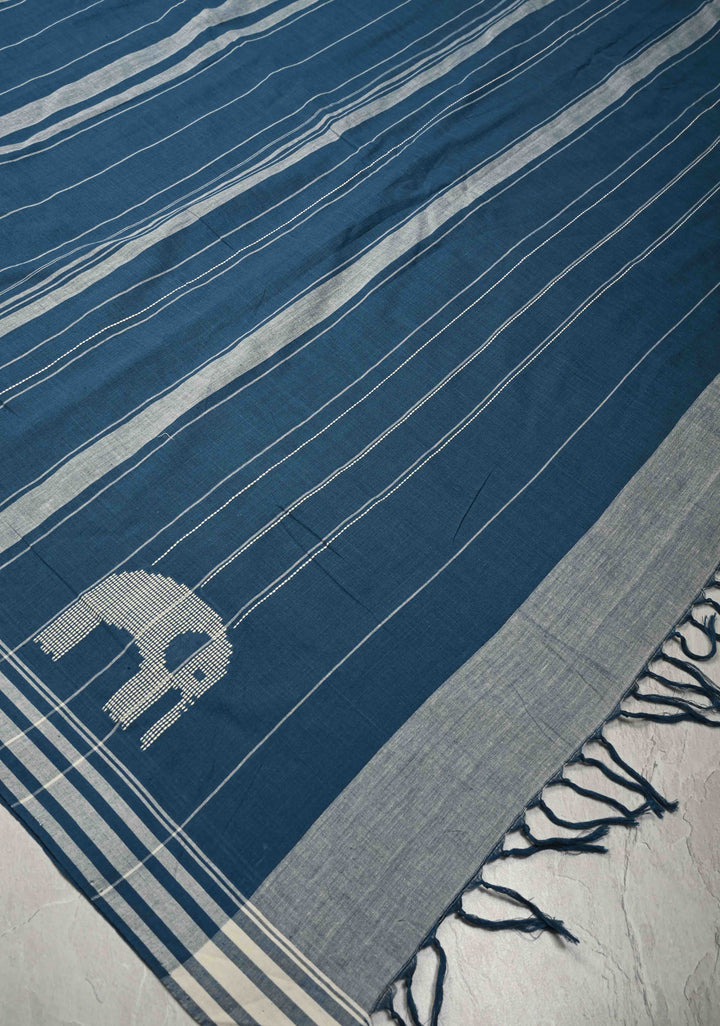 Indigo Bhujodi Kala Cotton Saree with Thread Elephant Motifs and Border