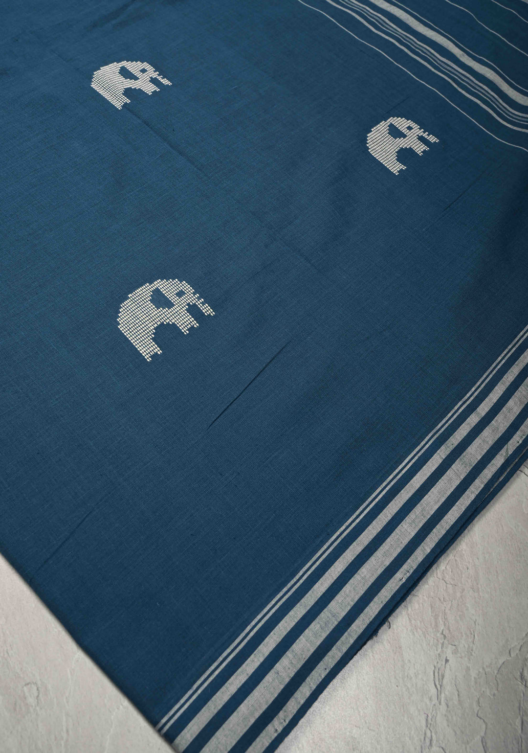 Indigo Bhujodi Kala Cotton Saree with Thread Elephant Motifs and Border