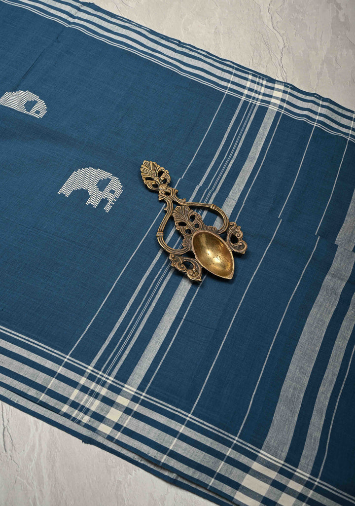 Indigo Bhujodi Kala Cotton Saree with Thread Elephant Motifs and Border