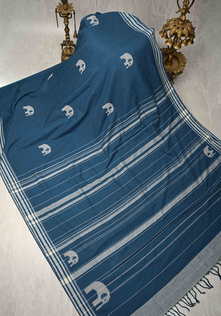 Indigo Bhujodi Kala Cotton Saree with Thread Elephant Motifs and Border