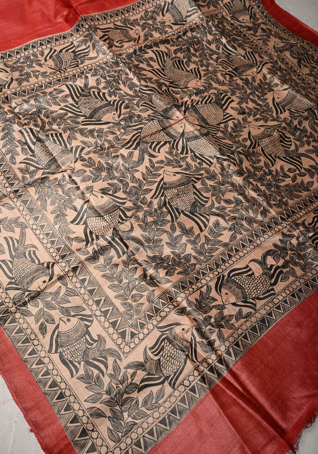 Brick Red  Madhubani hand painting on Geecha Tussar Silk Saree | SILK MARK CERTIFIED