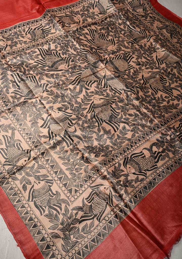Brick Red  Madhubani hand painting on Geecha Tussar Silk Saree | SILK MARK CERTIFIED