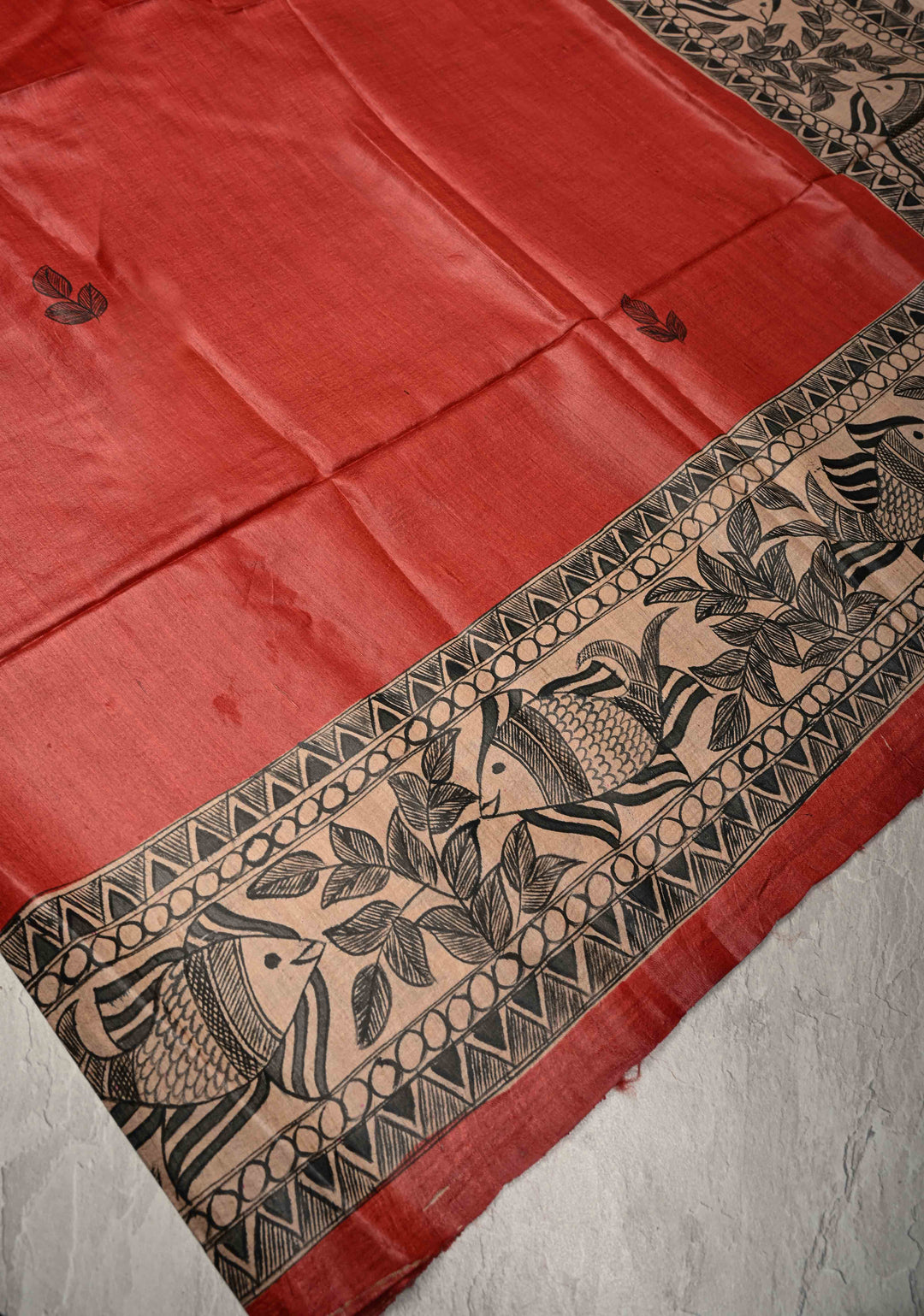 Brick Red  Madhubani hand painting on Geecha Tussar Silk Saree | SILK MARK CERTIFIED