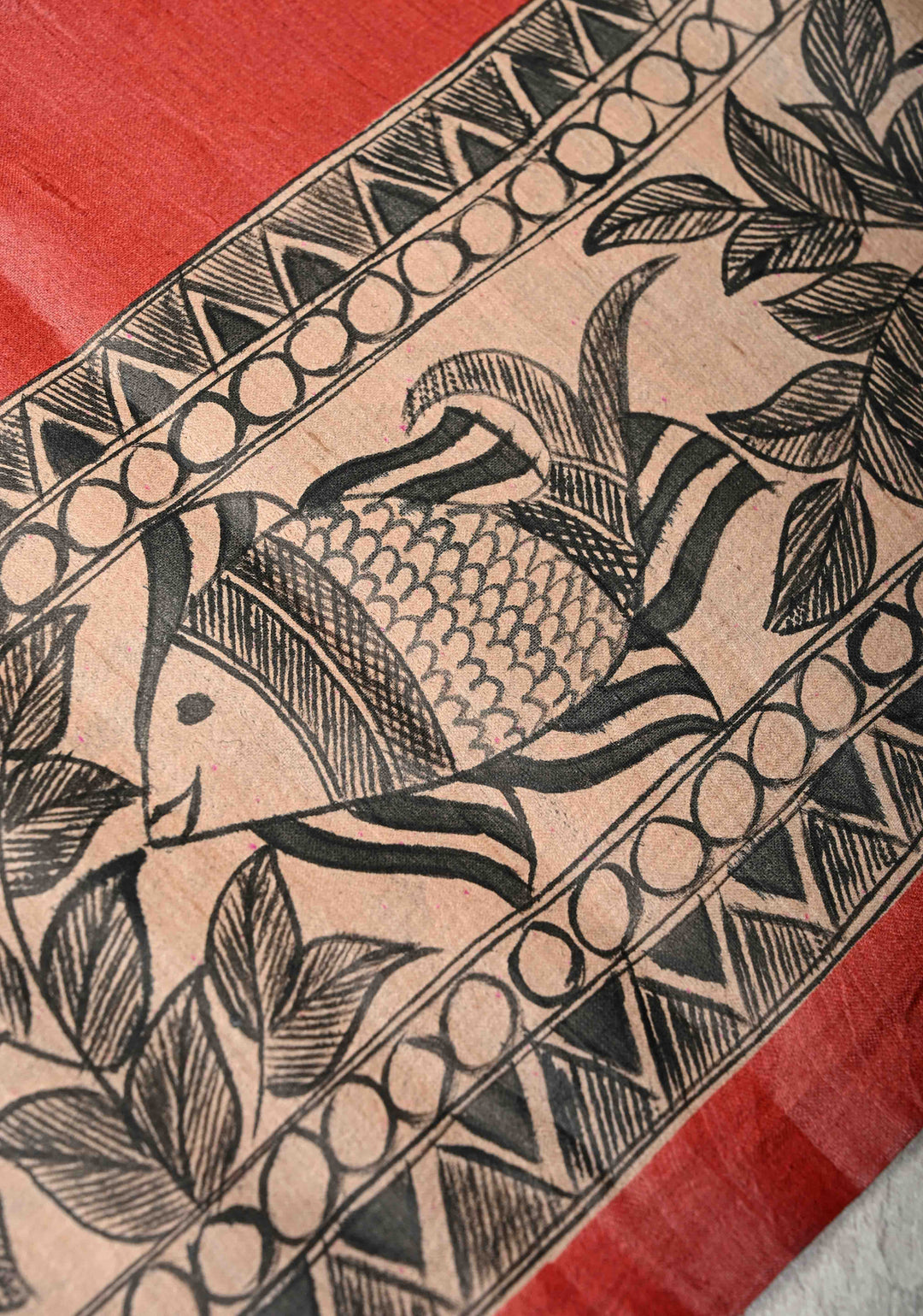 Red Desi Tussar Madhubani Hand-Painted Saree  | SILK MARK CERTIFIED