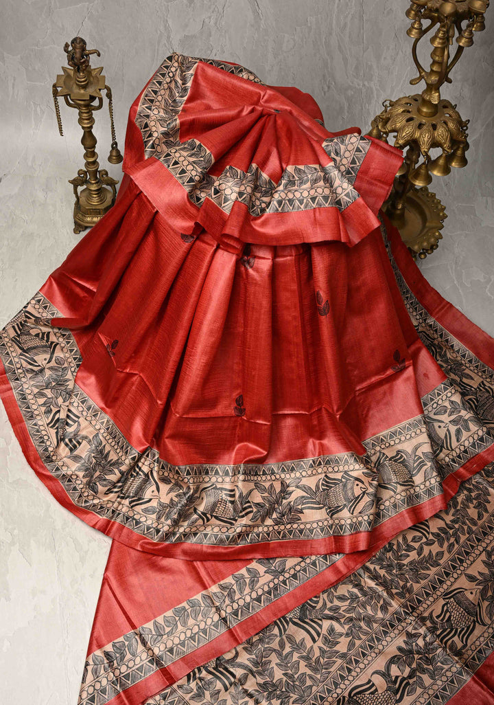 Brick Red  Madhubani hand painting on Geecha Tussar Silk Saree | SILK MARK CERTIFIED