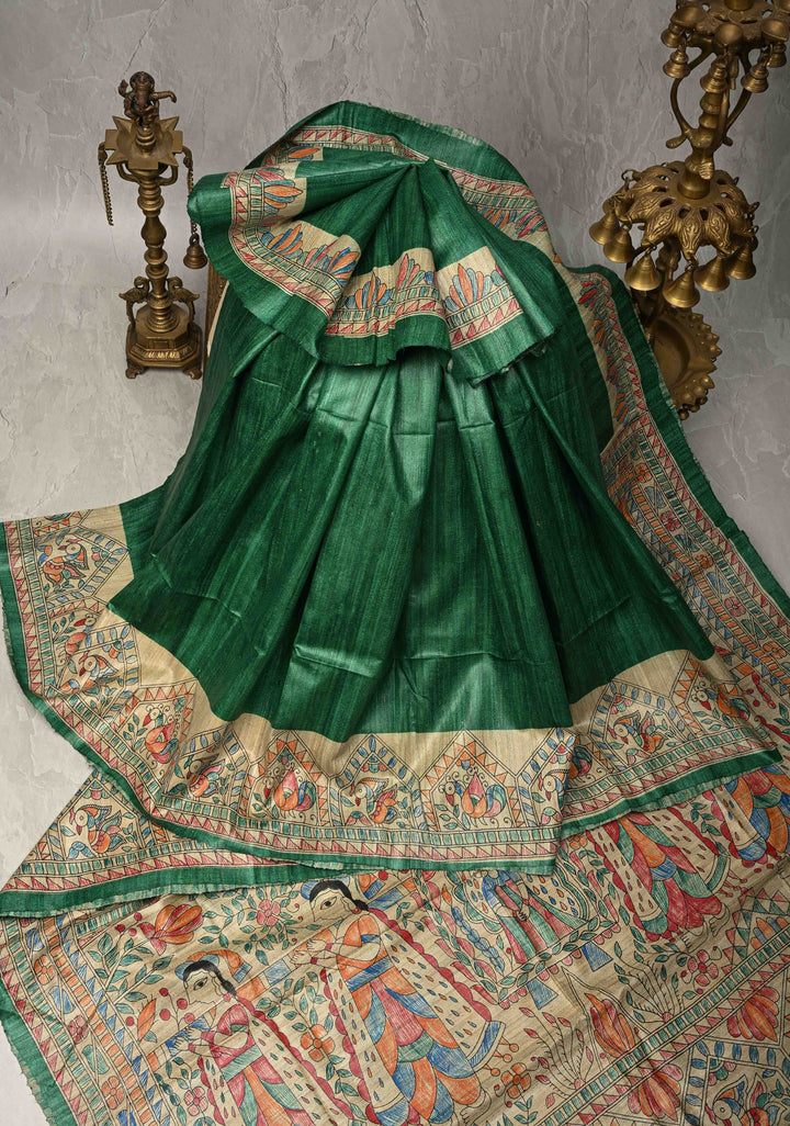 Emerald Green Madhubani hand painting on Geecha Tussar Silk Saree | SILK MARK CERTIFIED