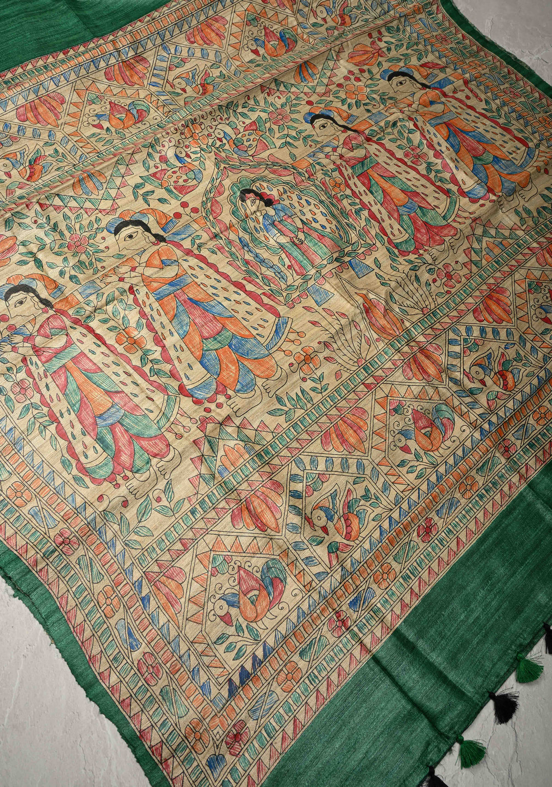 Emerald Green Madhubani hand painting on Geecha Tussar Silk Saree | SILK MARK CERTIFIED
