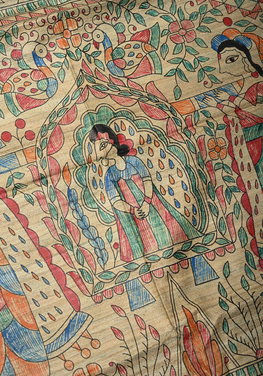 Emerald Green Madhubani hand painting on Geecha Tussar Silk Saree | SILK MARK CERTIFIED