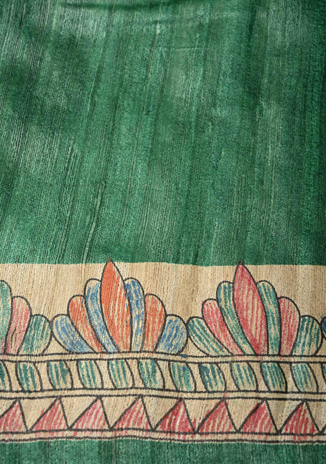 Emerald Green Madhubani hand painting on Geecha Tussar Silk Saree | SILK MARK CERTIFIED