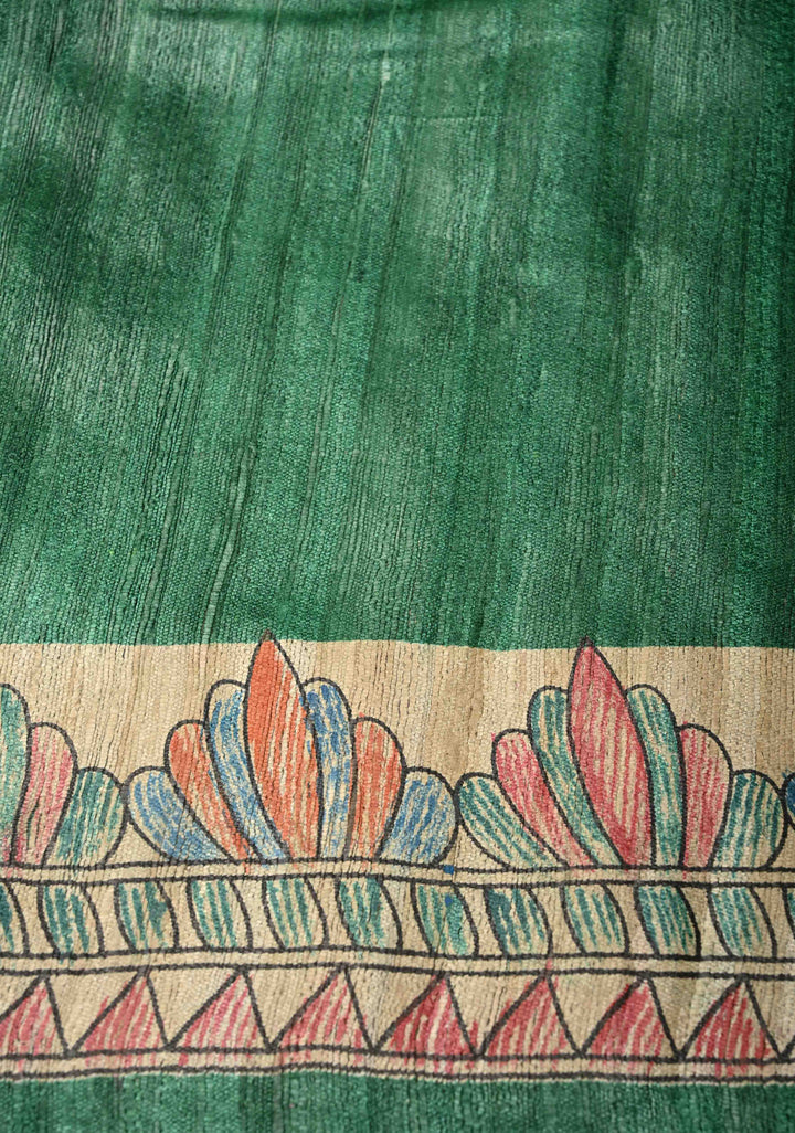 Emerald Green Madhubani hand painting on Geecha Tussar Silk Saree | SILK MARK CERTIFIED