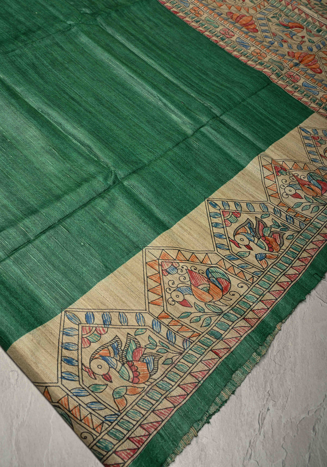 Emerald Green Madhubani hand painting on Geecha Tussar Silk Saree | SILK MARK CERTIFIED