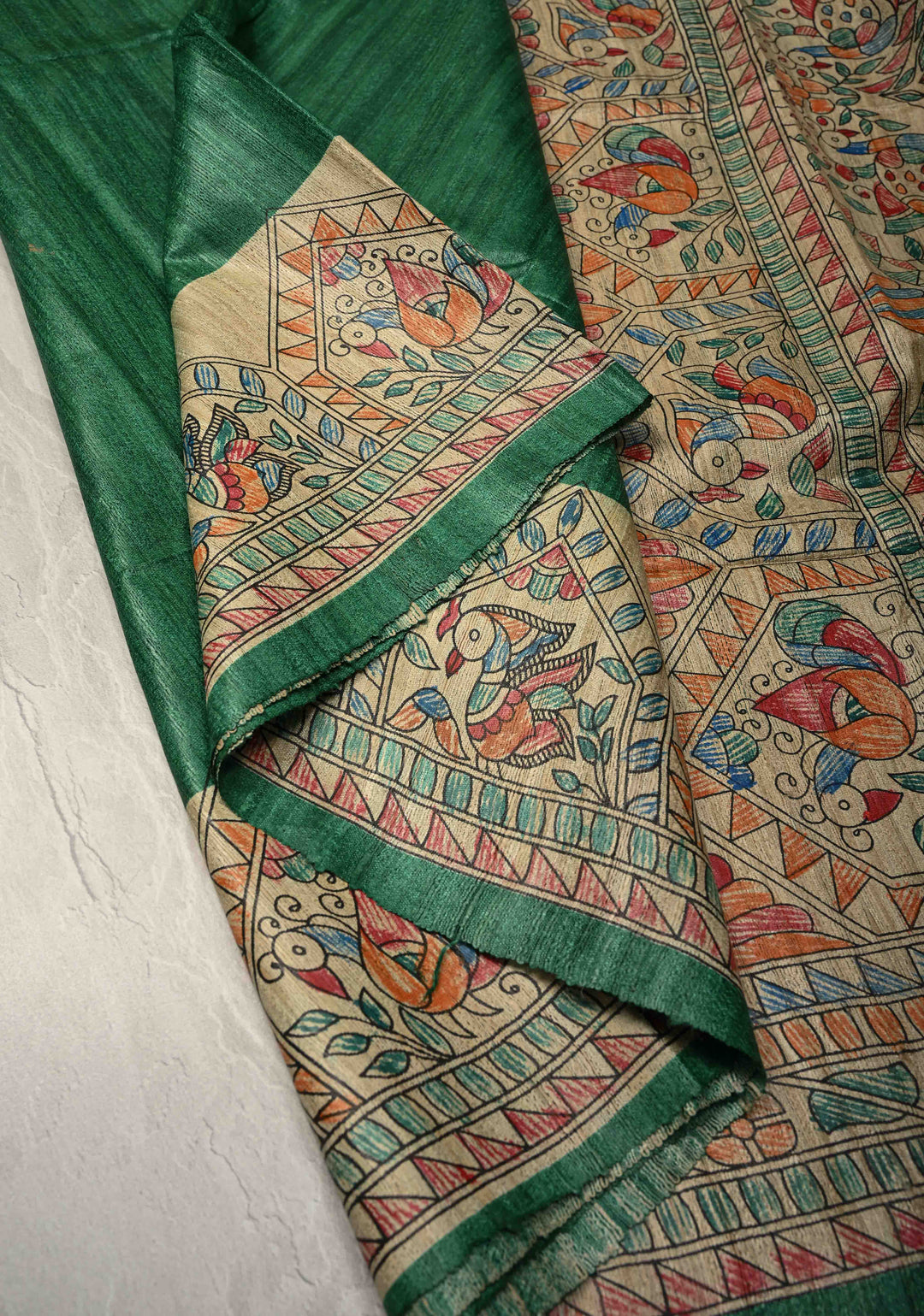 Emerald Green Madhubani hand painting on Geecha Tussar Silk Saree | SILK MARK CERTIFIED