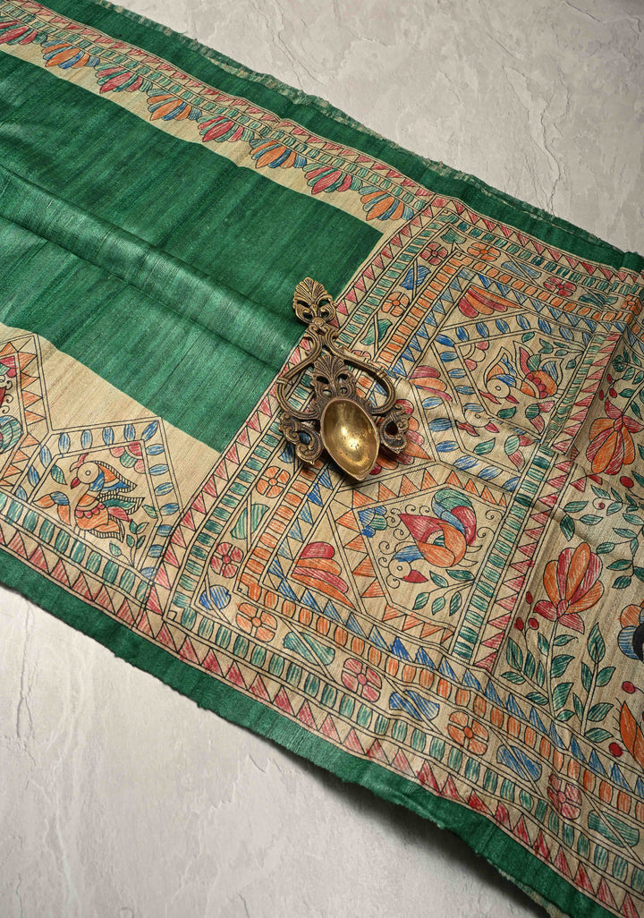 Emerald Green Madhubani hand painting on Geecha Tussar Silk Saree | SILK MARK CERTIFIED