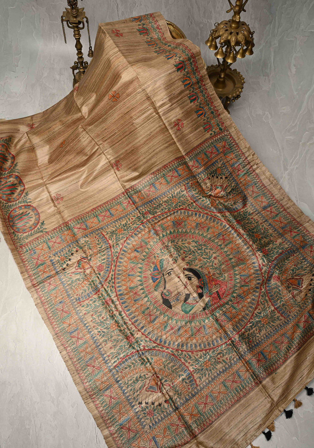 Beige Desi Tussar Madhubani Hand-Painted Saree  | SILK MARK CERTIFIED