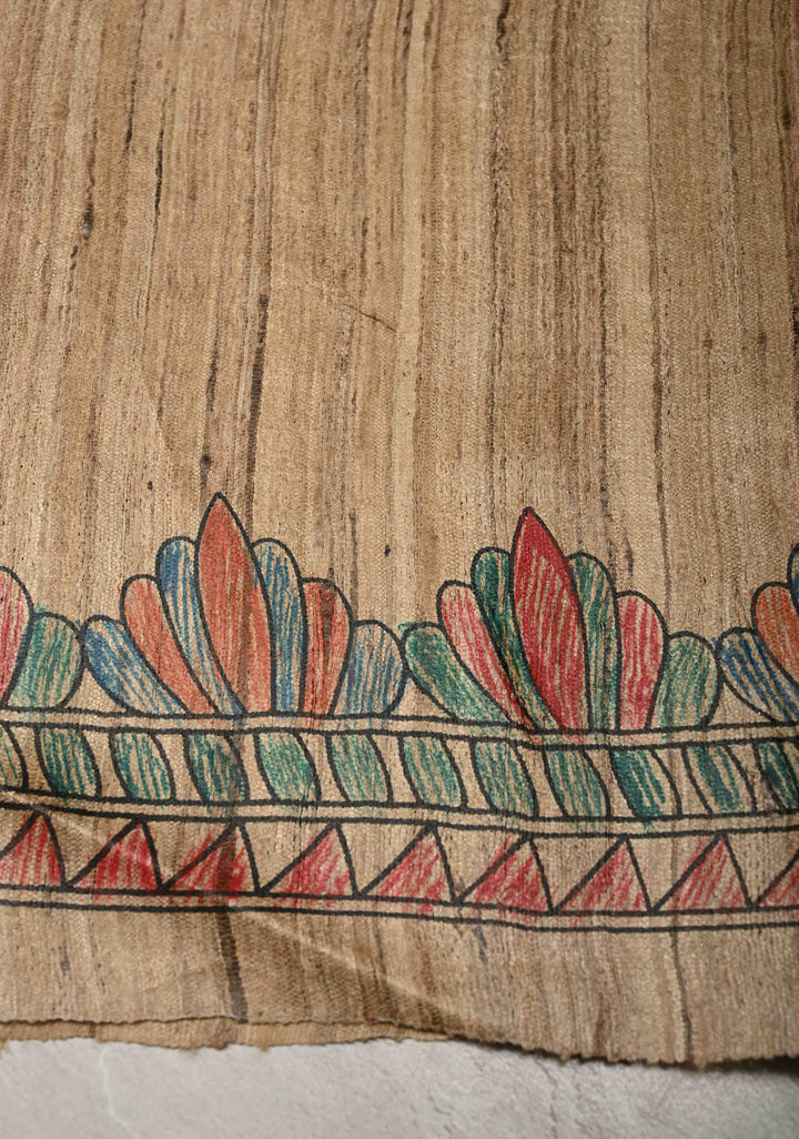Beige Desi Tussar Madhubani Hand-Painted Saree  | SILK MARK CERTIFIED
