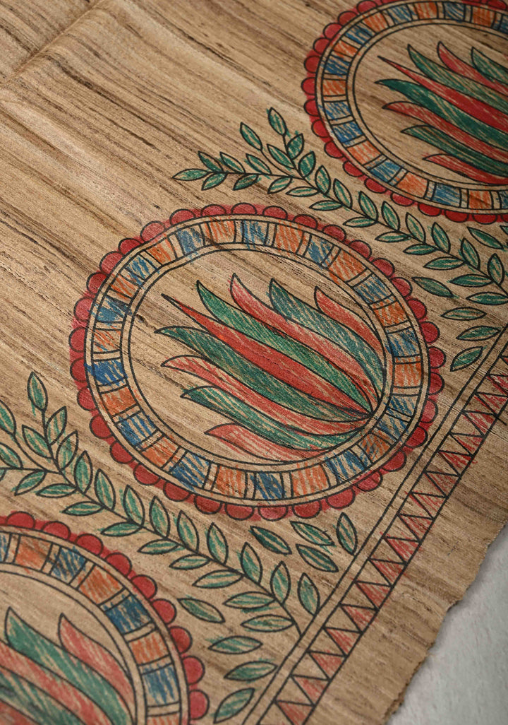 Beige Desi Tussar Madhubani Hand-Painted Saree  | SILK MARK CERTIFIED