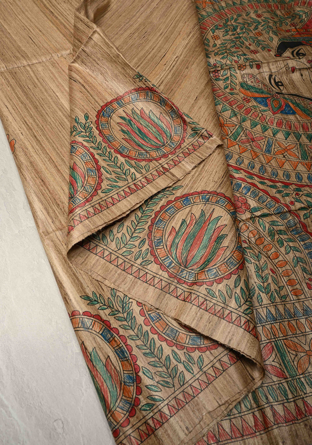 Beige Desi Tussar Madhubani Hand-Painted Saree  | SILK MARK CERTIFIED