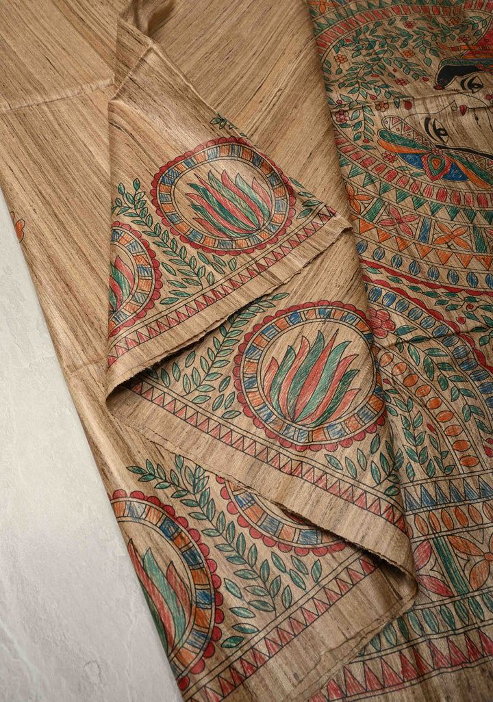Beige Desi Tussar Madhubani Hand-Painted Saree  | SILK MARK CERTIFIED