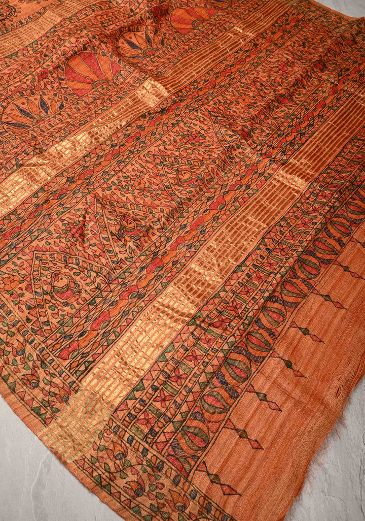 Orange Madhubani hand painting on Geecha Tussar Silk Saree | SILK MARK CERTIFIED