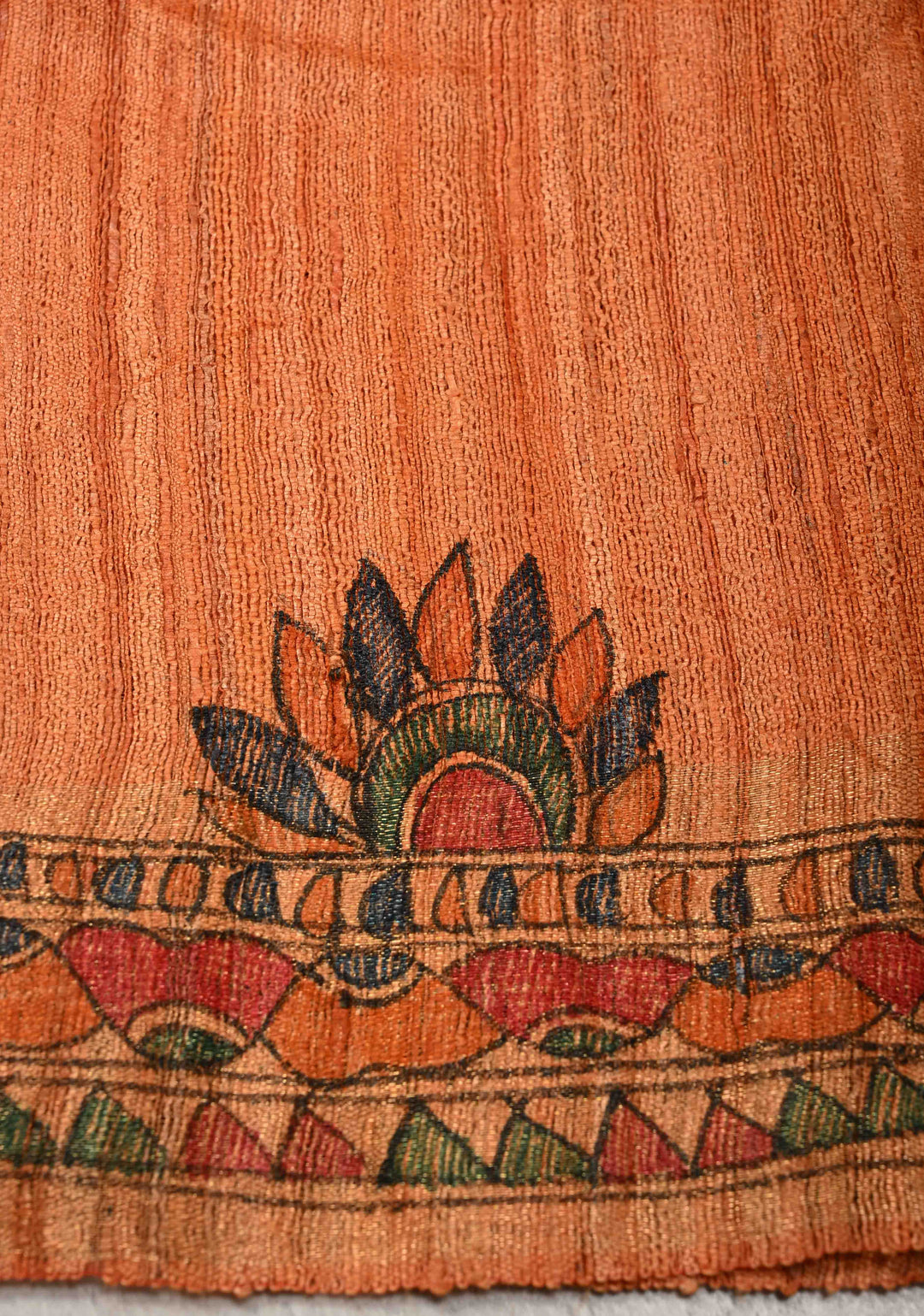 Orange Madhubani hand painting on Geecha Tussar Silk Saree | SILK MARK CERTIFIED