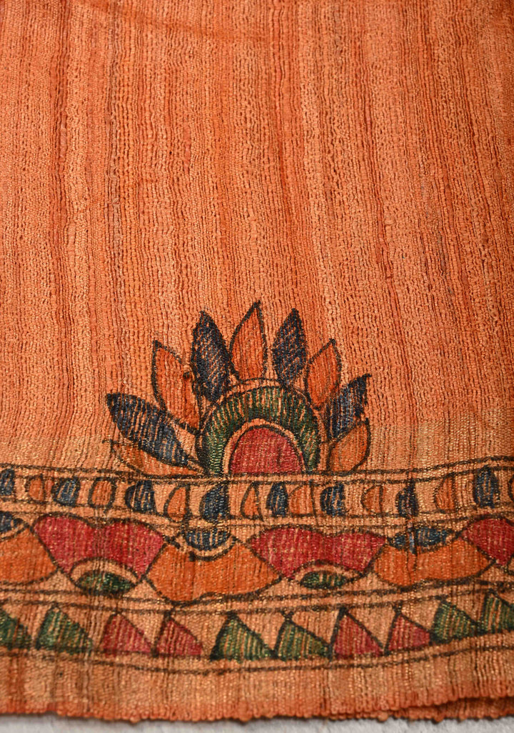 Orange Madhubani hand painting on Geecha Tussar Silk Saree | SILK MARK CERTIFIED