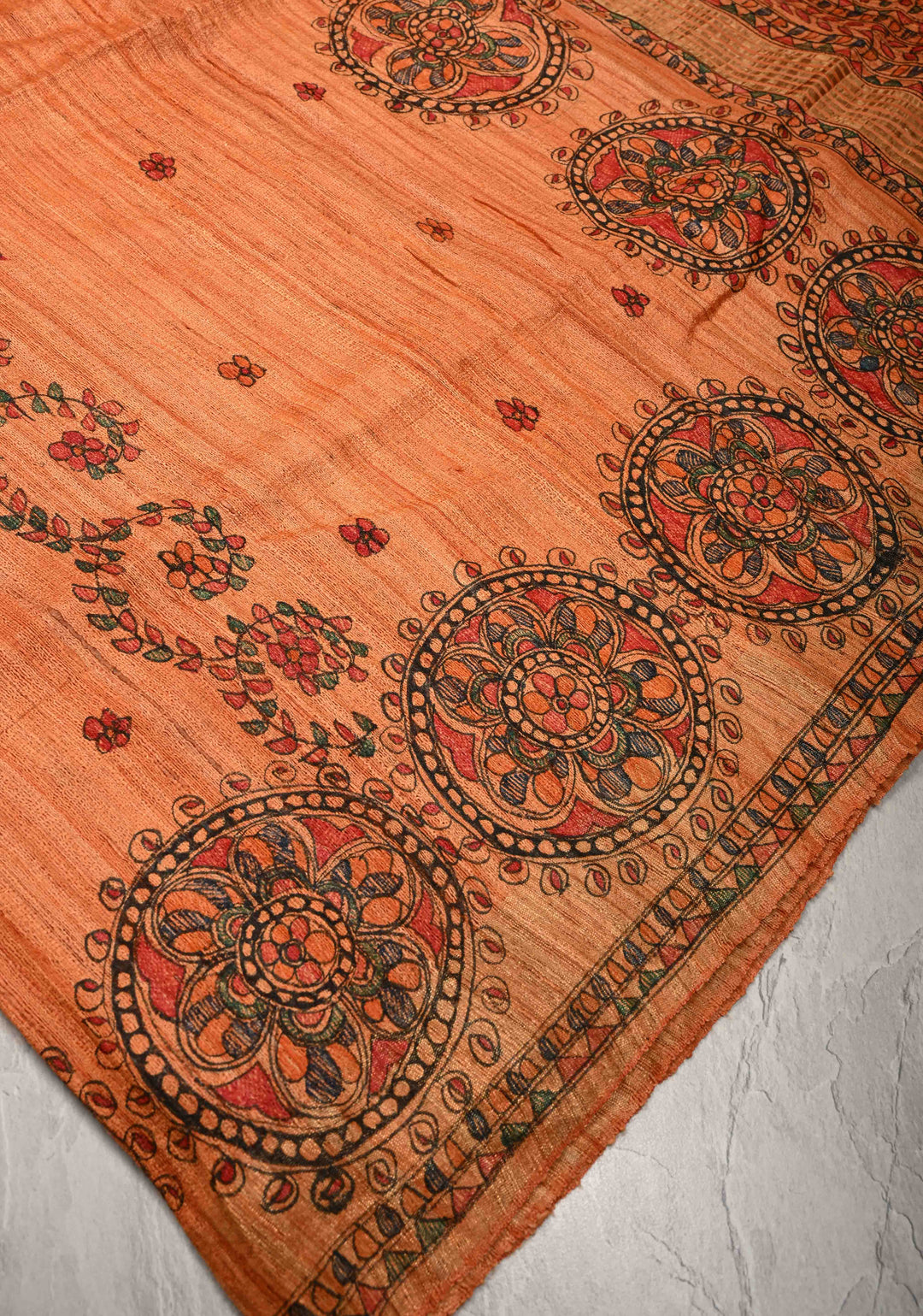 Orange Madhubani hand painting on Geecha Tussar Silk Saree | SILK MARK CERTIFIED