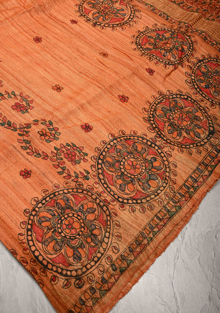 Orange Madhubani hand painting on Geecha Tussar Silk Saree | SILK MARK CERTIFIED