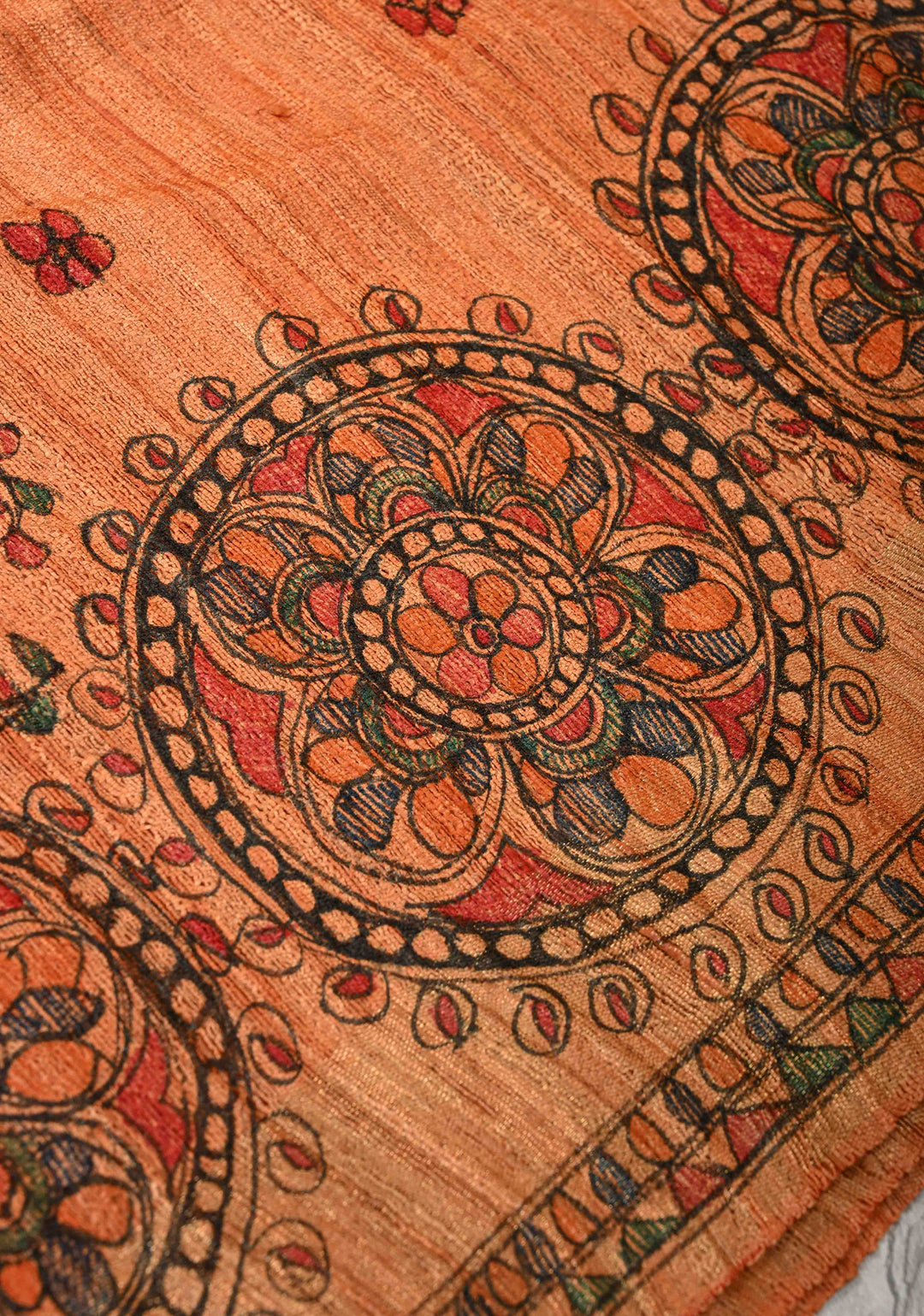 Orange Madhubani hand painting on Geecha Tussar Silk Saree | SILK MARK CERTIFIED