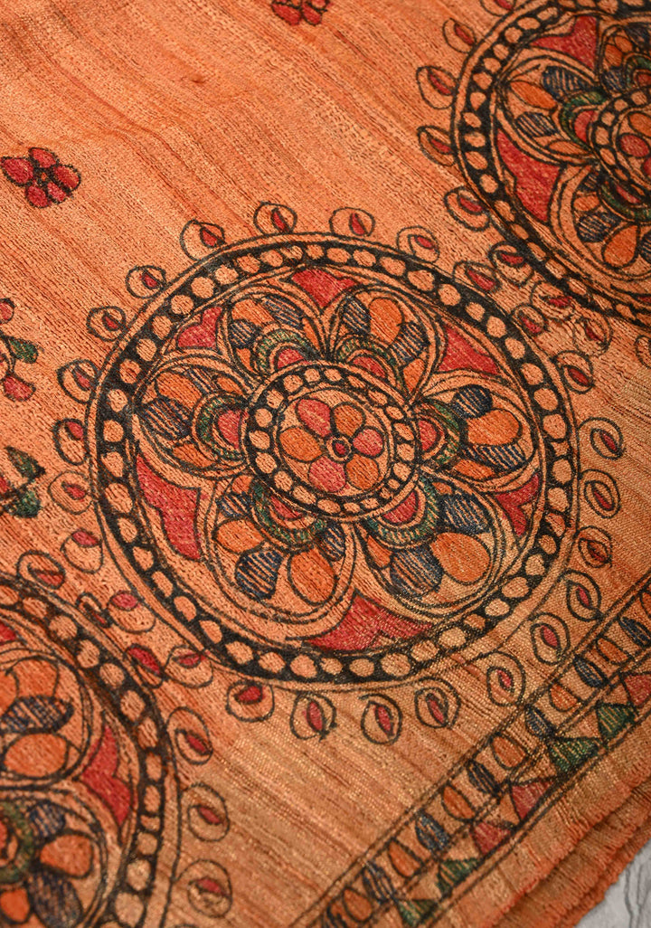 Orange Madhubani hand painting on Geecha Tussar Silk Saree | SILK MARK CERTIFIED
