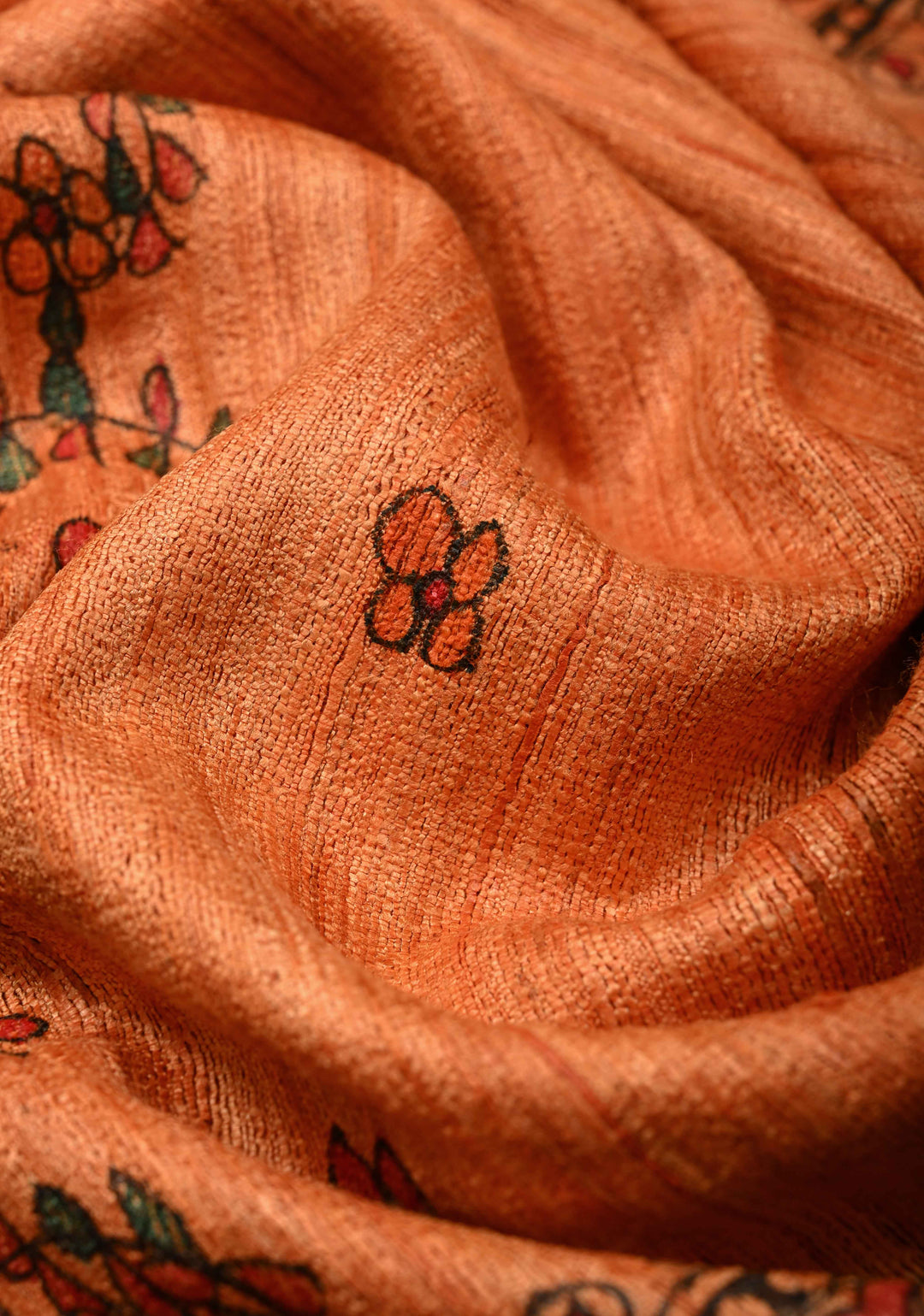 Orange Madhubani hand painting on Geecha Tussar Silk Saree | SILK MARK CERTIFIED